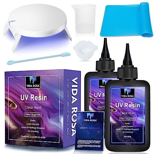 VIDA ROSA 200g UV Resin Kit with Upgraded UV Light 24W,Silicone Stir Rod, Measuring Cup and Silicone Pad-Ultraviolet Epoxy Resin Hard,UV Resin Starter Jewelry Making Kit for Craft Beginner