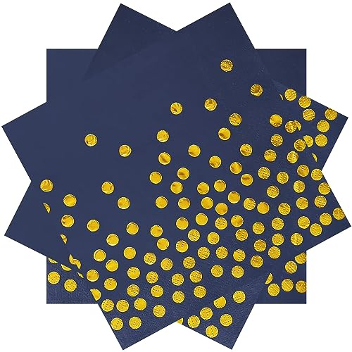 33 x 33 cm blaue Party-Servietten, blaue und goldene Getränke-Serviette | Cocktail-Papierservietten mit goldenen Punkten, für Geburtstag, Hochzeit, Abschlussfeier 2026, 100 Stück