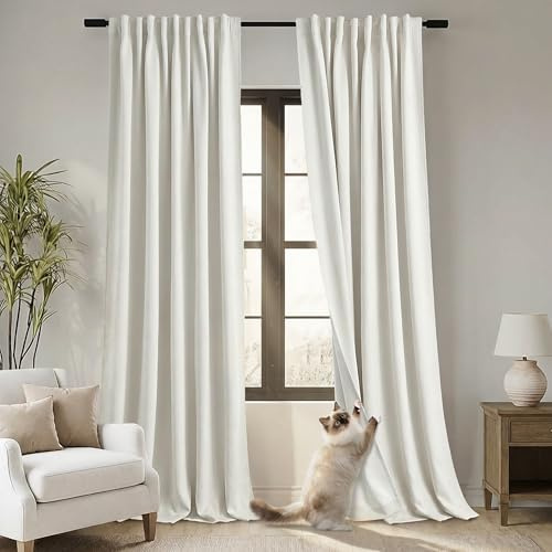Curtains 96 Inches Long 2 Panel Set,Black Out Linen Track System Pleated Back Tab Room Darkening Blackout Insulated Thermal Curtains Drapes 96 Inch Length for Sliding Glass Door Living Room,8FT,Cream