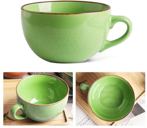 Kaffeetasse Groß Tasse 700ml Keramik Suppentassen mit Henkel,Porzellan Kaffeetasse Müslischalen Kaffeebecher Müsli Suppen Ramen Salat Schale Schüssel Groß Suppenschüssel (Grün)