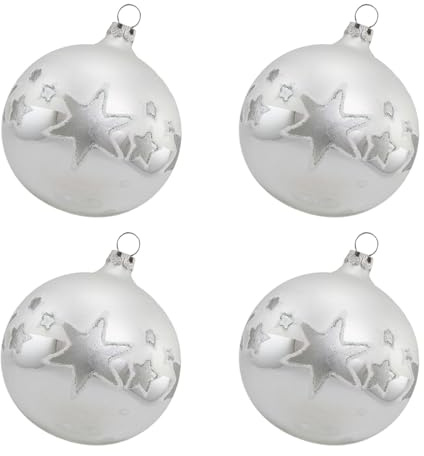 Thüringer Glasdesign Weihnachtskugeln Silber mit silbernem Sternendekor, 4 Stück/Set, ca. 6 cm, Weihnachtsdeko