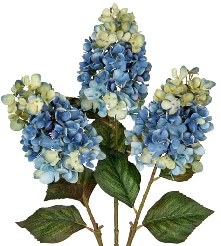 Briful 3 flores artificiales de otoño, hortensias falsas, flores de seda de 27.5 pulgadas de alto, hortensias artificiales, color azul Dodger, hortensias de seda, tallo largo para arreglos florales y
