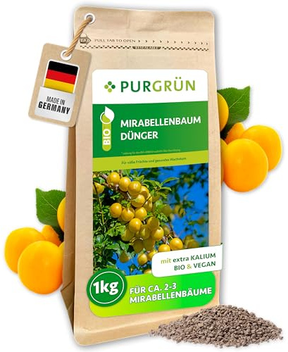 Purgrün® Bio-Mirabellenbaum-Dünger 1 kg – Vegane Rezeptur – NPK 6+2+7 – Mit Kalium für saftige Äpfel – Verbessert die Bodenqualität – Chloridarm –Einfache Anwendung durch feinkörniges Krümelgranulat