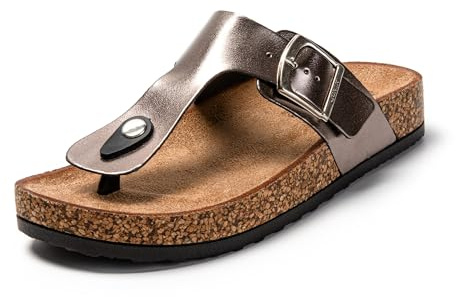 JOMIX Sommer Sandalen Damen Leder Zehentrenner Flip Flops Elegant Flache Strandschuhe Weiche Kork Fußbett (Silber Metallisch, 39 EU)