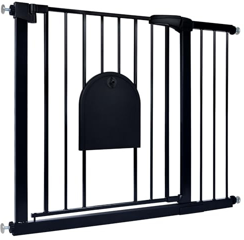 Aufun Treppenschutzgitter Türschutzgitter Kinder ohne Bohren, für 95-105 cm breit, Türgitter mit Druckbefestigung, selbstschließend, Metall Gitter, Hundesicherheitsgitter mit Katzenklappe (Schwarz)