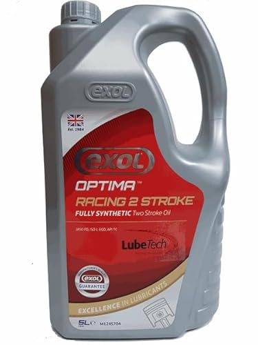 EXOL FULLY SYNTHETIC 2 TWO STROKE OIL JASO FD 5LTR, A HIGH PERFORMANCE RACING 2 STROKE OIL, FOR HIGH OUTPUT MOTORCYCLES ALSO SUITABLE FOR SCOOTERS MOPEDS ETC, PREMIX OR DIRECT INJECTION, RED COLOUR