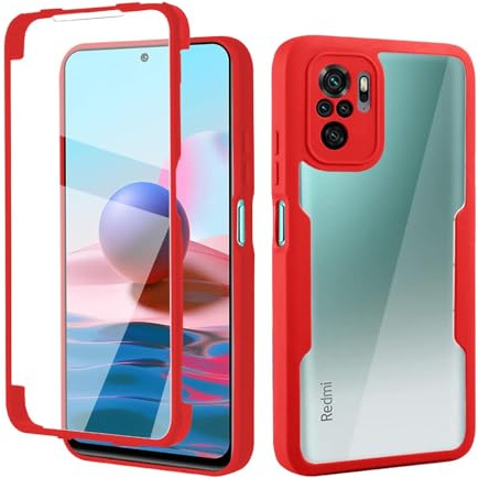 ILING Transparente Funda para Xiaomi Redmi Note 10 4G/Redmi Note 10S/POCO M5s, Moda Ultradelgado Antigolpes Carcasa con Protector de Pantalla Incorporado, Dura PC + Silicona TPU Bumper Cubierta (Rojo)