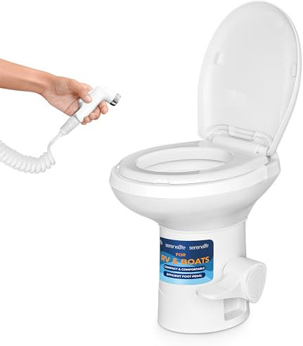 SereneLife Inodoro portátil para RV con pulverizador de mano y bidé, altura estándar, pedal de pie, a prueba de fugas, inodoro, tapa de cierre suave, fácil instalación, ahorro de agua, ideal para