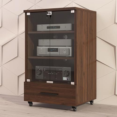 LYXWGRZD 2/3-stufiger Audio Rack HiFi Regal, Phonoschrank mit Schublade, HiFi Rack mit gehärtetem Glas, Record Player Stand, atmungsaktives Lochdesign(Walnut,97cm/38.1in)