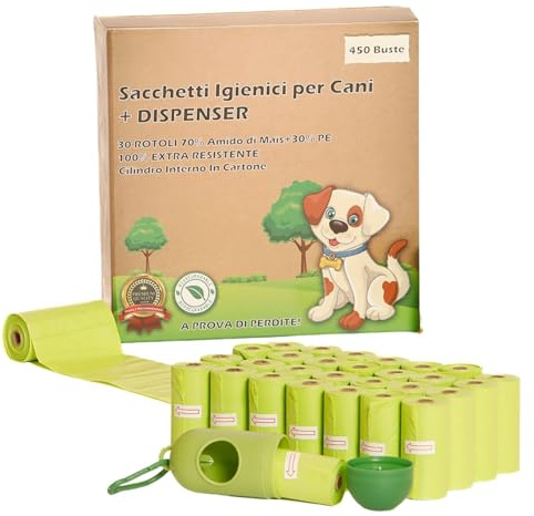 IKIGAJ Sacchettini Cane Cacca Biodegradabili - 450 Sacchetti Raccogli Feci, Buste Resistenti con Porta Bustine Cane Cacca Dispenser. Ideale come Accessori per Cani di piccola taglia e cani grandi.