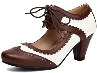 Elerhythm Damen Mary Jane Lace Up Geschlossene Runde Zehen Vintage Heels 1950er Pumps 1920er Viktorianisch 1940er Retro Schuhe, braun / weiß, 41.5 EU