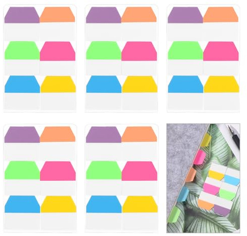 Mynoozi 600 Stück Haftindex-Tabs, Haftstreifen, Seitenmarkierungen, Seitenregister, 6 Farben, selbstklebend, wiederverwendbar, Heftreiter, Seitenreiter für Büro, Schule, Zuhause – 5 Stück