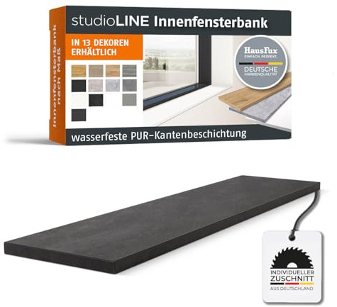 HausFux studioLINE MDF-Innenfensterbank nach Maß - 1,8 cm stark, melaminbeschichtet, mit ABS-Kante - Made in Germany - individueller Zuschnitt (Ferro schwarz, T x L | 20 x 50 cm)