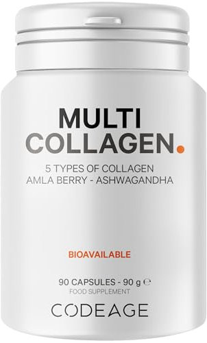 Codeage Multi Collagen Peptides Capsules, Types I, II, III, V & X, Grass-Fed & Hydrolyzed Bovine Collagen Supplement with Ashwagandha & Amla Berry, Collagen for Skin, Hair, Nails, Joints - 90 Capsules