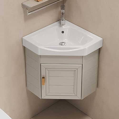 Eck-Badezimmer-Waschtischschrank mit Waschbecken, Wandmontage, Handwaschbecken, Design für heiße und kalte Armaturen, großer Stauraum für kleine Räume, Khaki 3