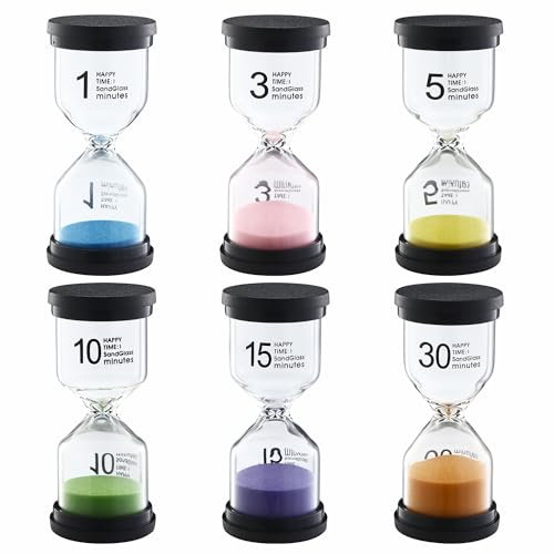 6 Stück Bunter Sanduhren für Kinder,Buntes Sanduhren Set 1/3/5/10/15/30 Minuten, Sanduhr für Kinder ist geeignet für Kinderleben, Lernen, Spielzeitmessung, Küche, Büro, Schuldekoration
