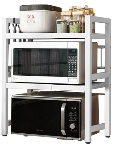 WMLBK 3-Tier Expandable Microwave Oven Rack, Height Adjustable Carbon Steel Expandable Microwave Shelf Stand with 6 Hooks, Kitchen Shelf Organizer for Pots Pans Rice Cooker Toaster (White, 3-Tiers)
