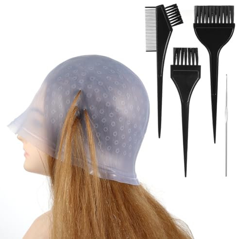 Jeffdad Silikon Highlight Kappe, Strähnchenhaube Wiederverwendbar mit Löcher, Silikon Strähnchenhaube Cap mit Haken und Pinseln, Haare Färben Hervorhebung Set für Salon Haus Haarefärben Zubehör (Blau)
