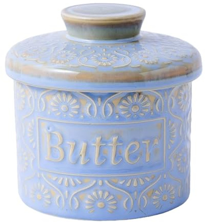 Mantequilla francesa con tapa, recipiente de cerámica para encimera en color azul claro
