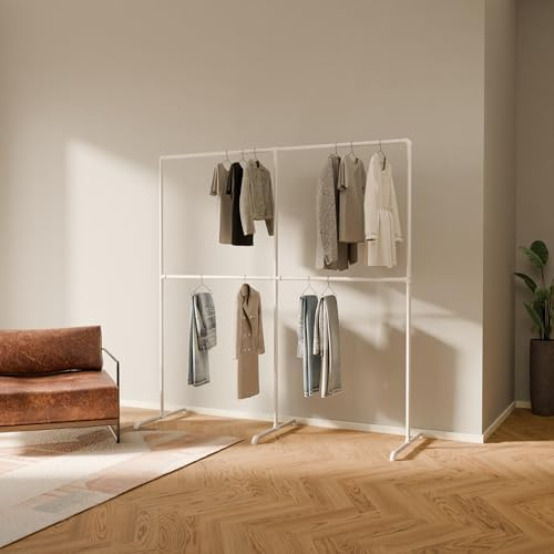 pamo Kleiderständer Weiß – 195 x 194 cm – Industrial Design Kleiderstange | Traglast 120 kg, Freistehend Garderobenständer, Pulverbeschichtet, Kratz- & Stoßfest, Einfache Montage