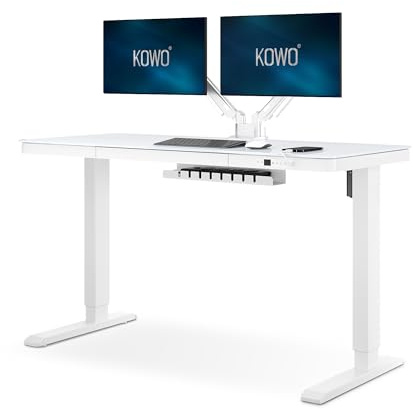 kowo Glass Electric Standing Desk, 140x60cm, Large Tempered Glass Top with Metal Drawer & USB-C Hub, Height Adjustable 73-118cm, Sit Stand Home Office Desk, White