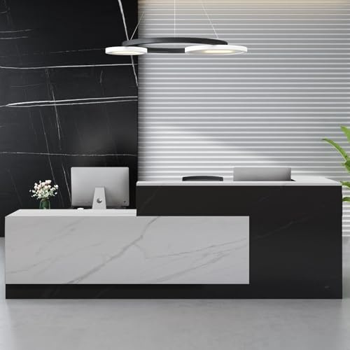 Empfangstheke Holz mit abschließbaren Schubladen, Rezeptionstisch mit KabelmanagementHolz für Büro & Kosmetikstudio, perfekt als L-Form Empfangstresen oder Büro(Black White-Left,180*60*105cm)