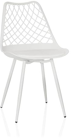 hjh LIVING Chaise à Coque avec Coussin, résistante aux intempéries BEGIO S Coque en Plastique, Pieds en Fer, Chaise d'intérieur et d'extérieur pour Jardin, terrasse ou Salle à Manger, Blanc