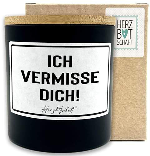 HERZBOTSCHAFT Duftkerze mit Spruch – Ich vermisse dich! – liebevolles Geschenk, handgemachte Sojakerze im Glas, nachhaltig, optional mit personalisiertem Bambusdeckel