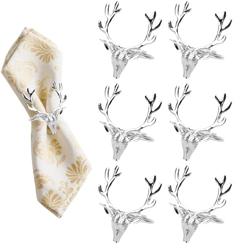 Christmas Reindeer Napkin Rings, Sliver 6 Pcs, Deer Head Napkin Rings For Christmas Lunch Party Holiday Wedding Table Decoration