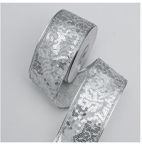 BrightGlow Weihnachten Geschenkband Breit 5cm Weihnachts Band mit Pailletten Silber Schleifenband mit Draht Glitzer Dekoband Weihnachtsbänder zum Basteln Glitzerband Xmas Satinband #Silber 10 Yard
