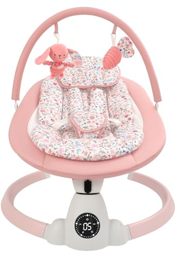Uuoeebb Baby Bouncer, Portable Electric Baby Swing with Bluetooth, 5 Swing Speed, 10 Songs, 5-Point Harness, Remote Control & Touch Panel - Bouncer from Birth for Indoor & Outdoor Use (Flower)