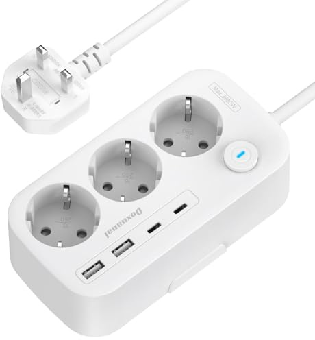 Doxuanai UK Adapter, Adapter England Deutschland Stecker mit 3 Fach und 4 USB(2 USB C), Steckdosenadapter England, Reiseadapter Typ G mit 1,5M für EU zu UK/Schottland/Irland/Dubai/Maldives/Singapore