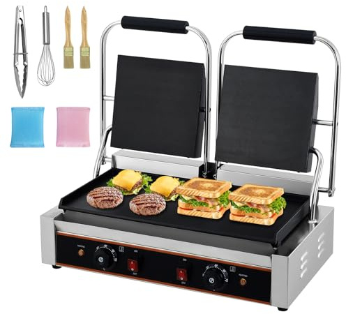MilleLoom Commercial Panini Press Grill with 19x 9 Smooth Plates for Burgers Steaks Panini, Countertop Electric Sandwich Maker with Adjustable Temp Control, 110V/220V, 3600W
