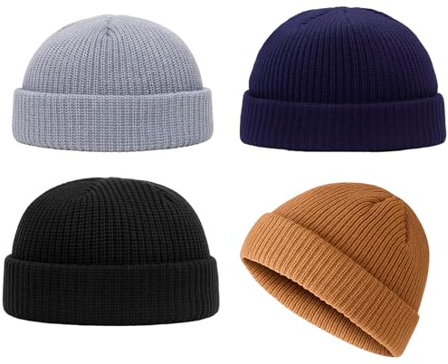 Fisherman Beanie, 4 Pack Wooly Hat for Men, Warm Stretchy Knit Beanie Hat, Soft Winter Hats for Fishing, Outdoor Work, Casual Wear, Light Gray, Navy, Black, Khaki