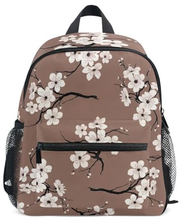 GAIREG Sac à dos marron avec étiquette nominative, motif fleurs de cerisier blanc, 3 à 8 ans