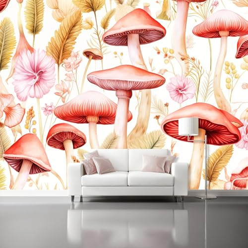 Carta da Parati Acquerello Fiori Piante Funghi da Parati Autoadesiva, Bianco Carta Adesiva Foto Murale Rotolo per Camera da Letto Soggiorno Corridoio 150 x 105 cm（WxH