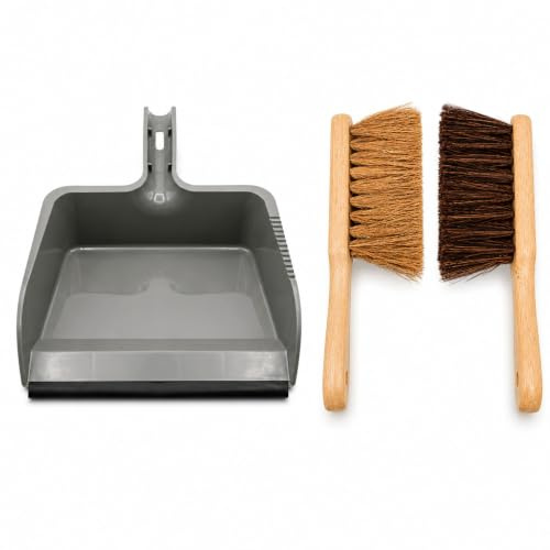 Twin Pack Hand Brush Soft Coco & Hard Bassine Bristle with Large Dustpan | Brush Included, Indoor Outdoor Cleaning