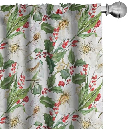 Ambesonne Watercolor Window Curtains, Christmas Themed Floral Poinsettia Berries Winter Inspirations Leaf, Lightweight Decor 2-Panel Set with Rod Pocket, Pair of - 28 x 84, Vermilion Yellow Green