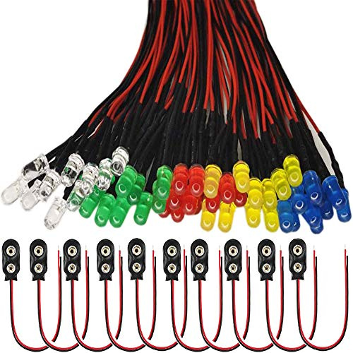 RUNCCI-YUN 50pcs 5mm prewired led，LED Diodes Light 12V 20cm Pre Wired led（Ultra Bright) + 9V Battery Holder Clip Cable for model railway