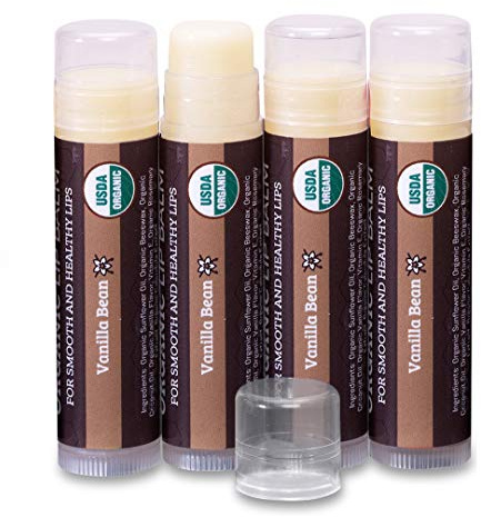 Earth's Daughter USDA Organic Lip Balm 4-Pack Vanilla Flavor - Beeswax, Coconut Oil, Vitamin E - Best Lip Repair Chapstick for Dry Cracked Lips.