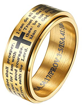 HIJONES Herren Edelstahl Bibel Vers Lords Prayer Kreuz Gott Ring Farben Spinner Gold Ringe Größe 54