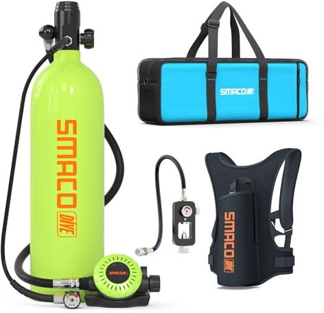 SMACO Mini Bombola da Sub 2L Bombola per Immersioni in Acque Basse Offre 25-30 Minuti di Respirazione Subacquea Bottiglia da Immersione Portatile S700Plus per Intrattenimento subacqueo, Set-B, Verde