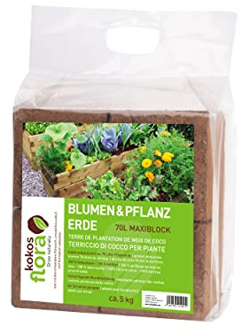 KOKOSFLORA Kokoserde – 70L Maxiblock – Blumenerde- Torffrei - Ideal Für Drinnen Und Draussen. Geeignet Für Kübelpflanzen, Zimmerpflanzen, Balkonkästen Und Gartenbeete (1 x 5 Kg - 70 L Kokoserde)