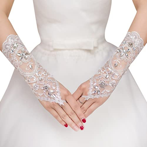 LeJulyeekay Damen-Handschuhe mit Blumenmuster, für Hochzeit, Party, Abend, fingerlose Handschuhe, W1-weiß, Einheitsgröße