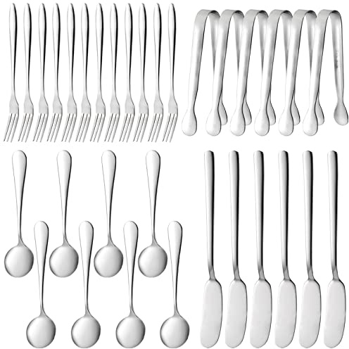 Suwimut 32 Pieces Cheese Butter Spreader Knives Set, Charcuterie Accessories Stainless Steel Cheese Spreader Knives, Mini Serving Tongs, Spoons and Forks for Butter Cheese Jam Appetizer Pastry Making