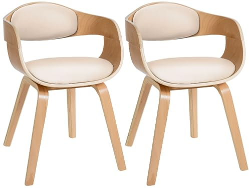 CLP 2er-Set Esszimmerstühle Kingston, ergonomisch mit gepolsterter Rückenlehne, Kunstleder & Holz, bis 150 kg belastbar - Farbe Natur/Creme