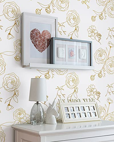 Safiyya 393x17.3 Peel and Stick Wallpaper Gold and White Contact Paper Floral Wallpaper Self Adhesive Removable Wallpaper for Bedroom Covering Vinyl Rolls
