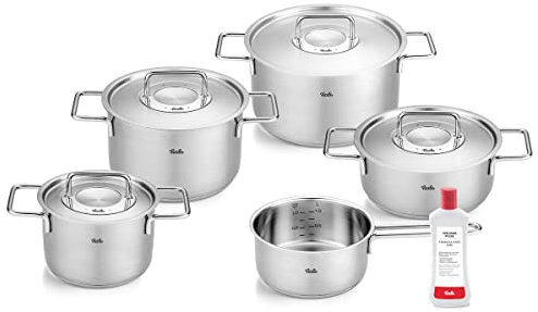 Fissler Pure Collection/Edelstahl-Kochtopfset, 6-teilig, Töpfe mit Metall-Deckel (3 Kochtöpfe,1 Bratentopf 1 Stielkasserolle 1 Edelstahlpflege) - Induktion, Silber