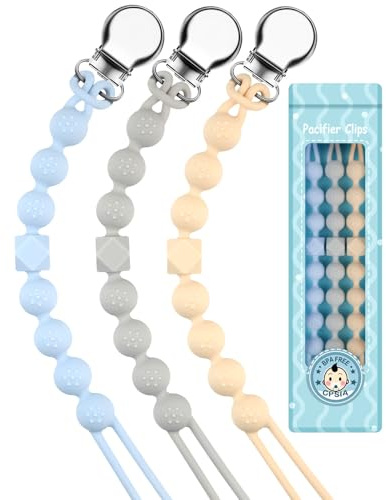 Kowlone Schnullerkette Junge mädchen Dummy Clips Schnullerband Schnullerketten Schnuller Clips Halter für Babydusche 3-Pack(Beige,Blau,Grau)