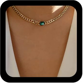 Allereya Vintage Quadrat Smaragd Halskette Kristall Smaragd Anhänger Halskette Grün Smaragd Quadrat Choker Halskette Gold Kandare Kette Halskette Schmuck Für Frauen Und Mädchen